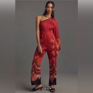 Farm Rio One-Shoulder Printed Satin Jumpsuit.